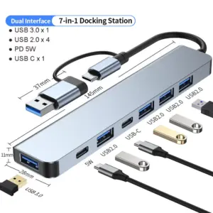 Concentrador USB C Hub USB 3.0, extensor USB 7 en 1 de aluminio, divisor USB con USB 3.0, 4 puertos USB 2.0 y 2 puertos USB C Distribuidor USB