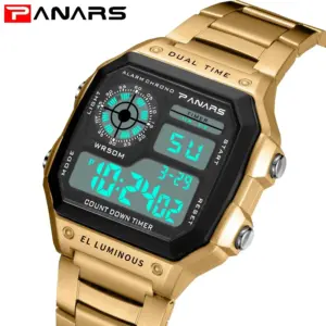 PANARS - Reloj deportivo de lujo para hombre, con correa de acero inoxidable, resistente al agua, con luz de fondo, digital, alarma