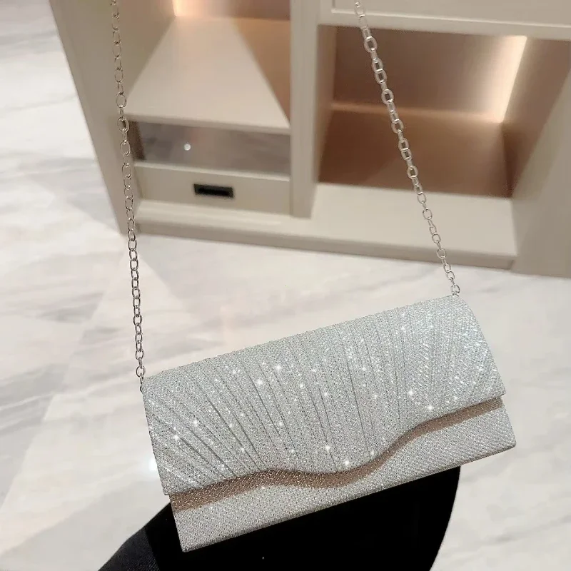 Bolso de mano plateado brillante para mujer, bolso de noche tipo sobre, bolso largo elegante de moda, bolsos de hombro con cadena para mujer, bolso de fiesta de boda