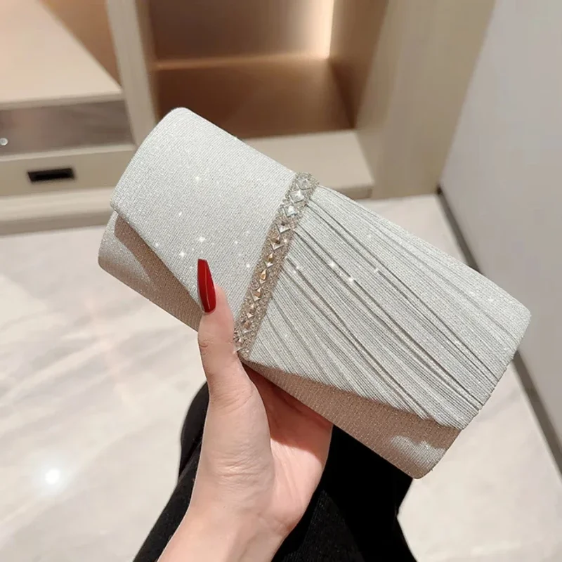 Bolso de mano plateado brillante para mujer, bolso de noche tipo sobre, bolso largo elegante de moda, bolsos de hombro con cadena para mujer, bolso de fiesta de boda - Imagen 4