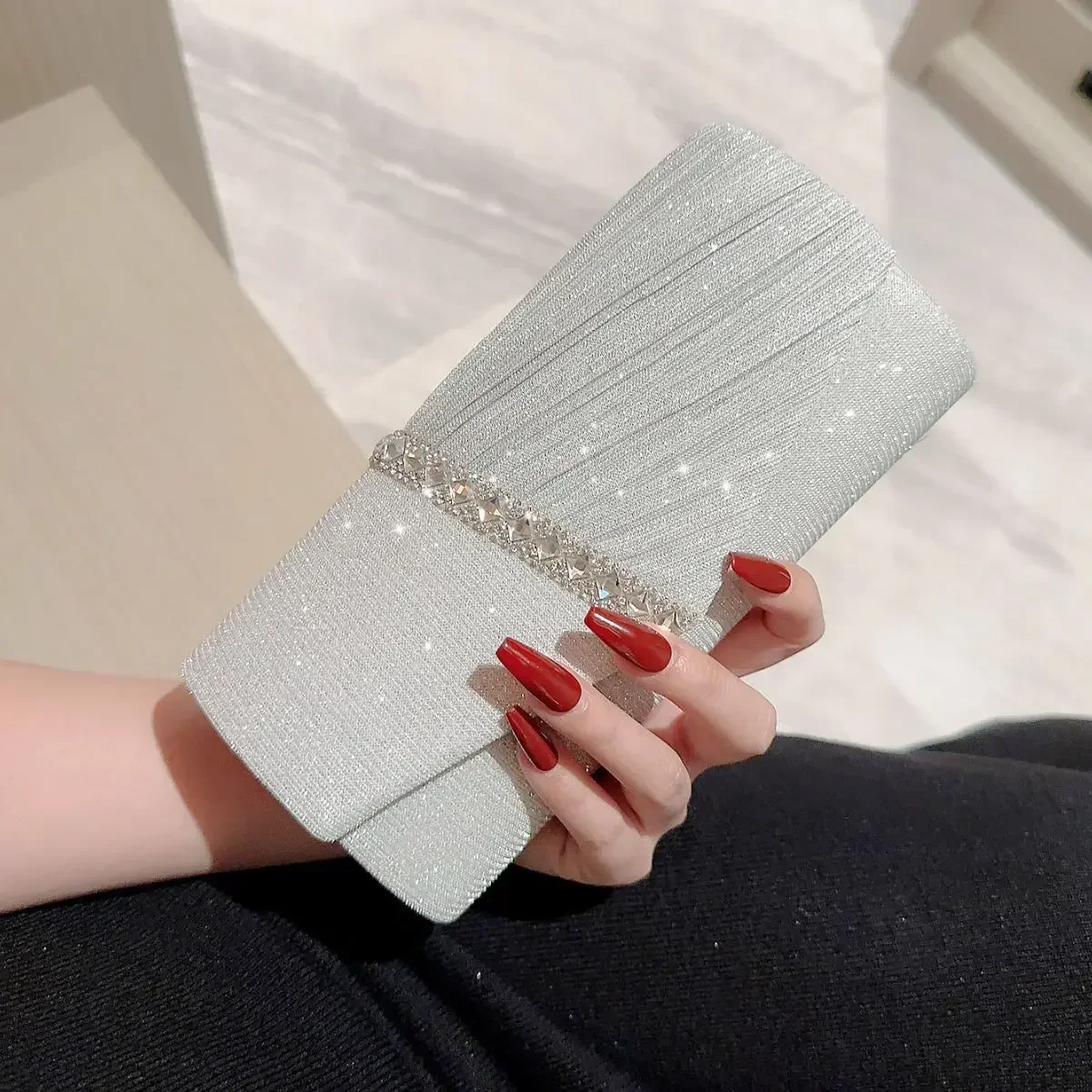 Bolso de mano plateado brillante para mujer, bolso de noche tipo sobre, bolso largo elegante de moda, bolsos de hombro con cadena para mujer, bolso de fiesta de boda - Imagen 8