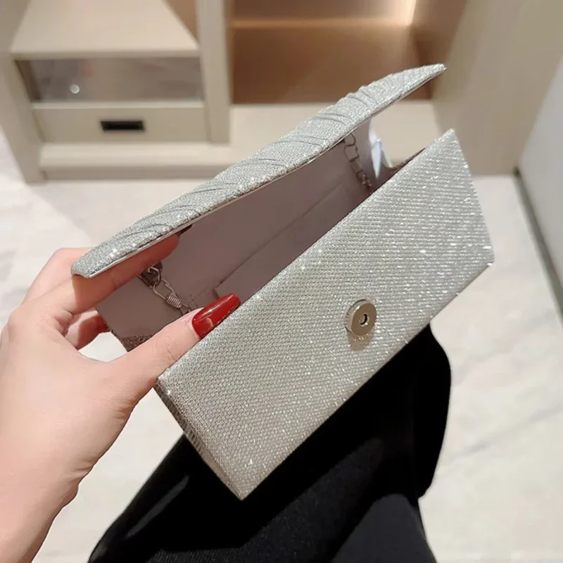 Bolso de mano plateado brillante para mujer, bolso de noche tipo sobre, bolso largo elegante de moda, bolsos de hombro con cadena para mujer, bolso de fiesta de boda - Imagen 5