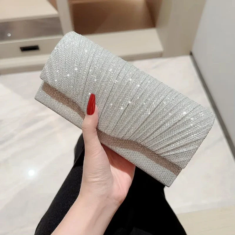Bolso de mano plateado brillante para mujer, bolso de noche tipo sobre, bolso largo elegante de moda, bolsos de hombro con cadena para mujer, bolso de fiesta de boda - Imagen 2
