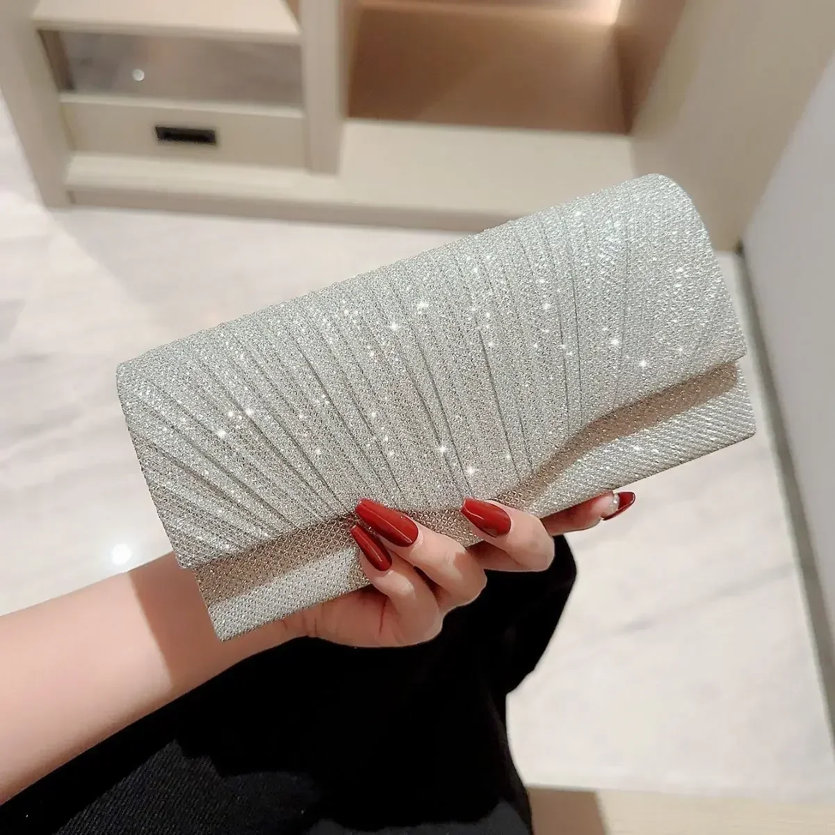 Bolso de mano plateado brillante para mujer, bolso de noche tipo sobre, bolso largo elegante de moda, bolsos de hombro con cadena para mujer, bolso de fiesta de boda - Imagen 9