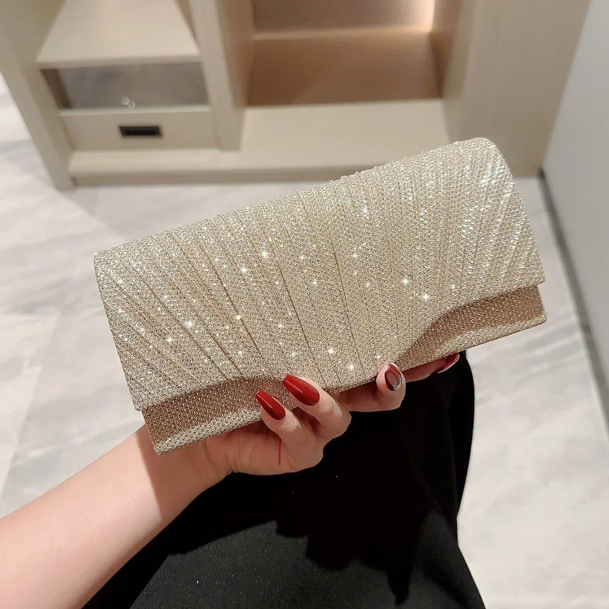 Bolso de mano plateado brillante para mujer, bolso de noche tipo sobre, bolso largo elegante de moda, bolsos de hombro con cadena para mujer, bolso de fiesta de boda - Imagen 7
